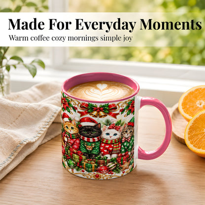 #pl[11oz|Pink] Christmas Kittens Coffee Mug, Four Festive Cats Mug, Ceramic Cup