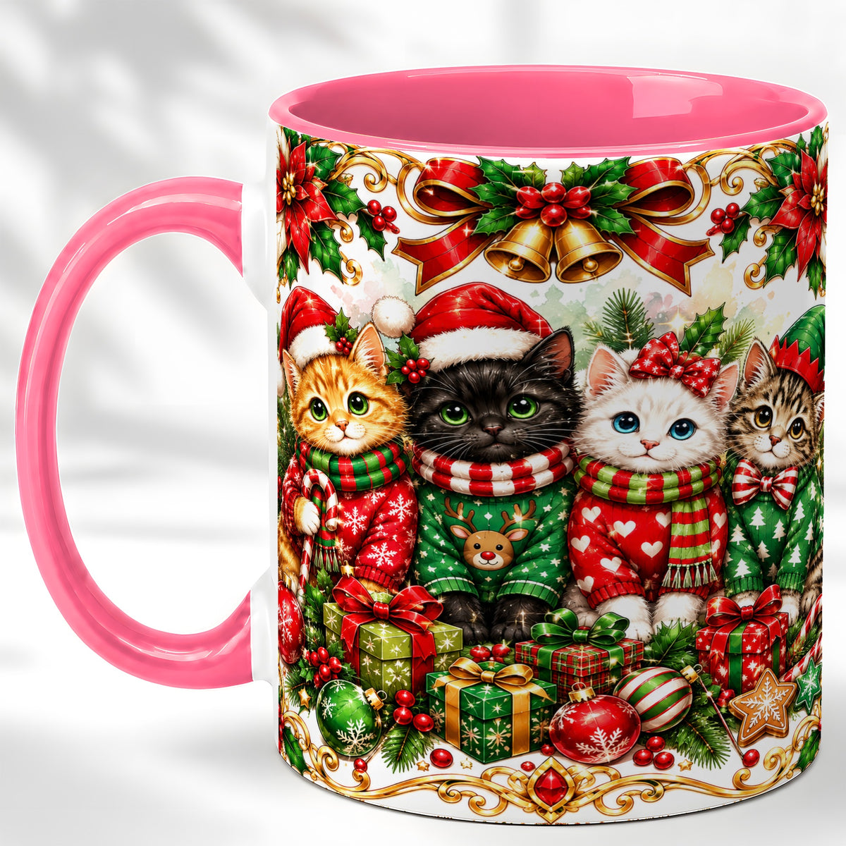 #pl[11oz|Pink] Christmas Kittens Coffee Mug, Four Festive Cats Mug, Ceramic Cup