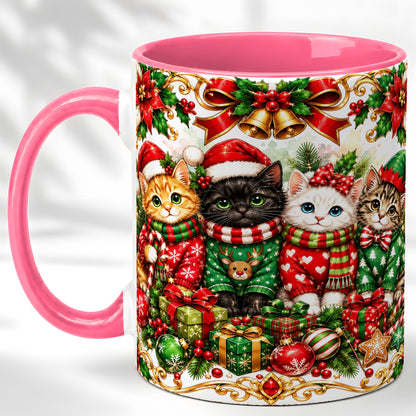 #pl[11oz|Pink] Christmas Kittens Coffee Mug, Four Festive Cats Mug, Ceramic Cup