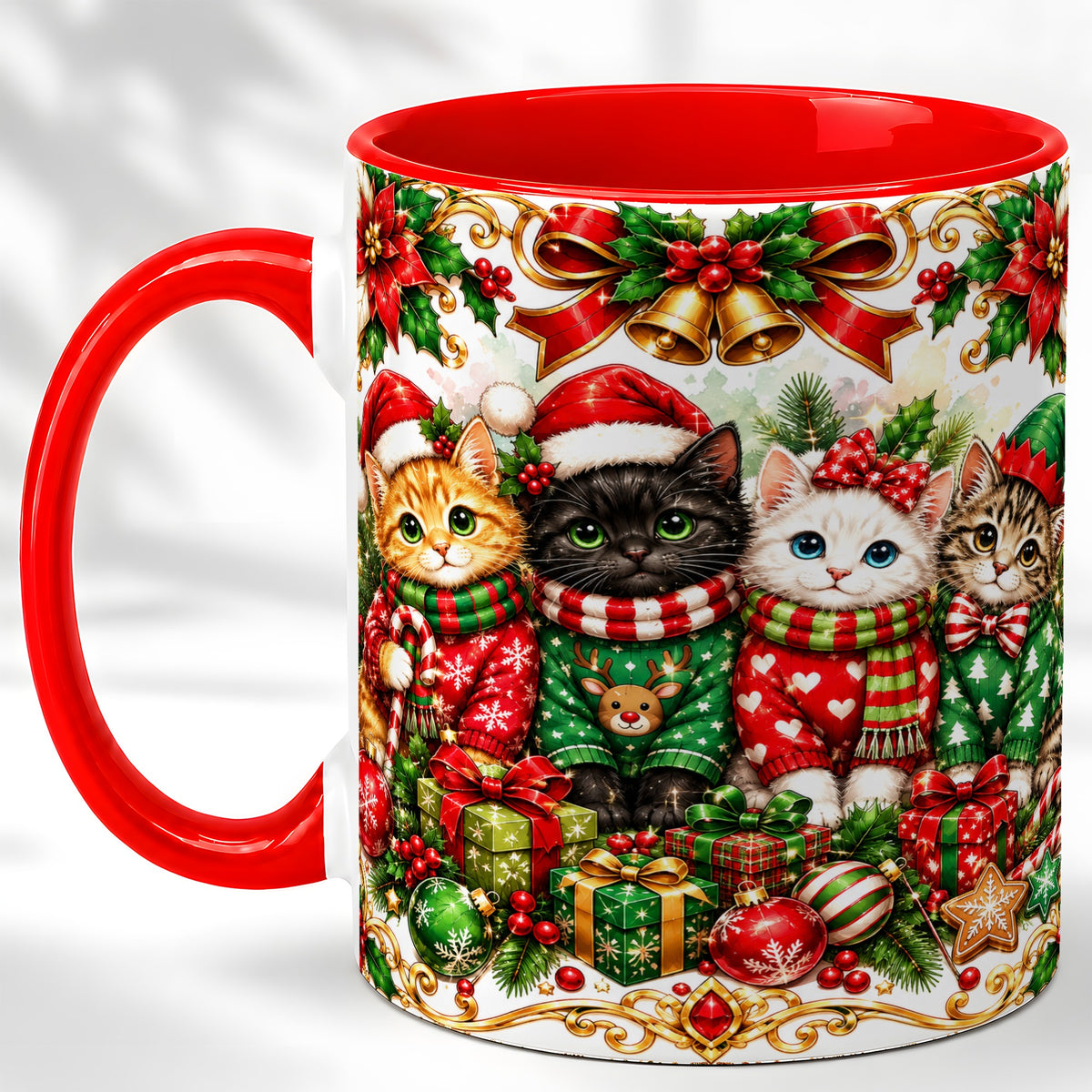 Christmas Kittens Coffee Mug, Four Festive Cats Mug, Ceramic Cup
