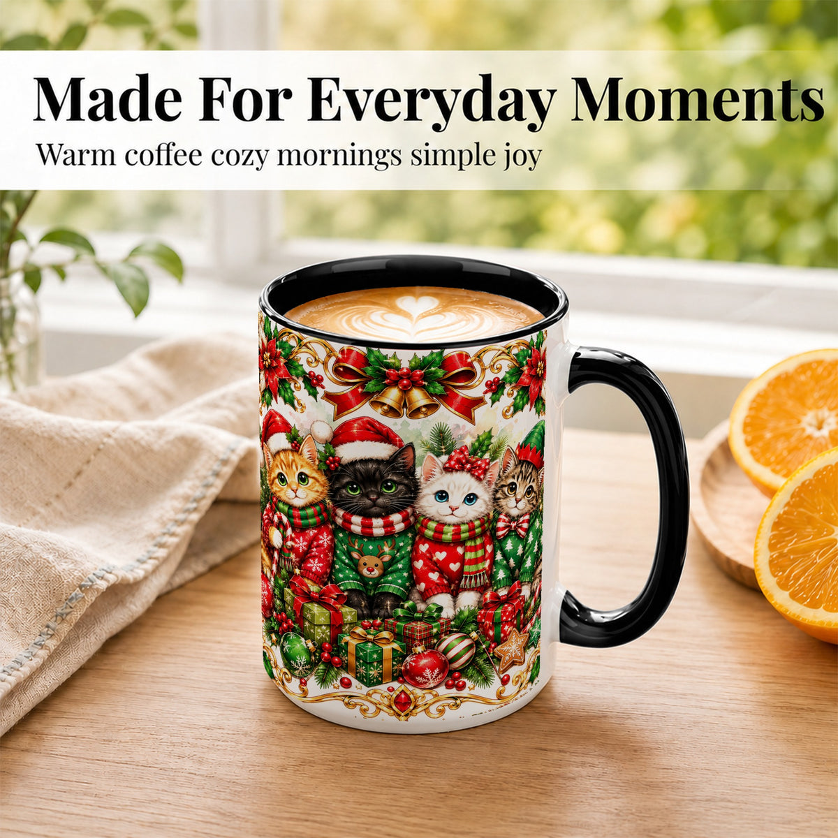 #pl[15oz|Black] Christmas Kittens Coffee Mug, Four Festive Cats Mug, Ceramic Cup
