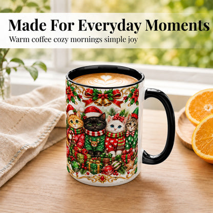 #pl[15oz|Black] Christmas Kittens Coffee Mug, Four Festive Cats Mug, Ceramic Cup