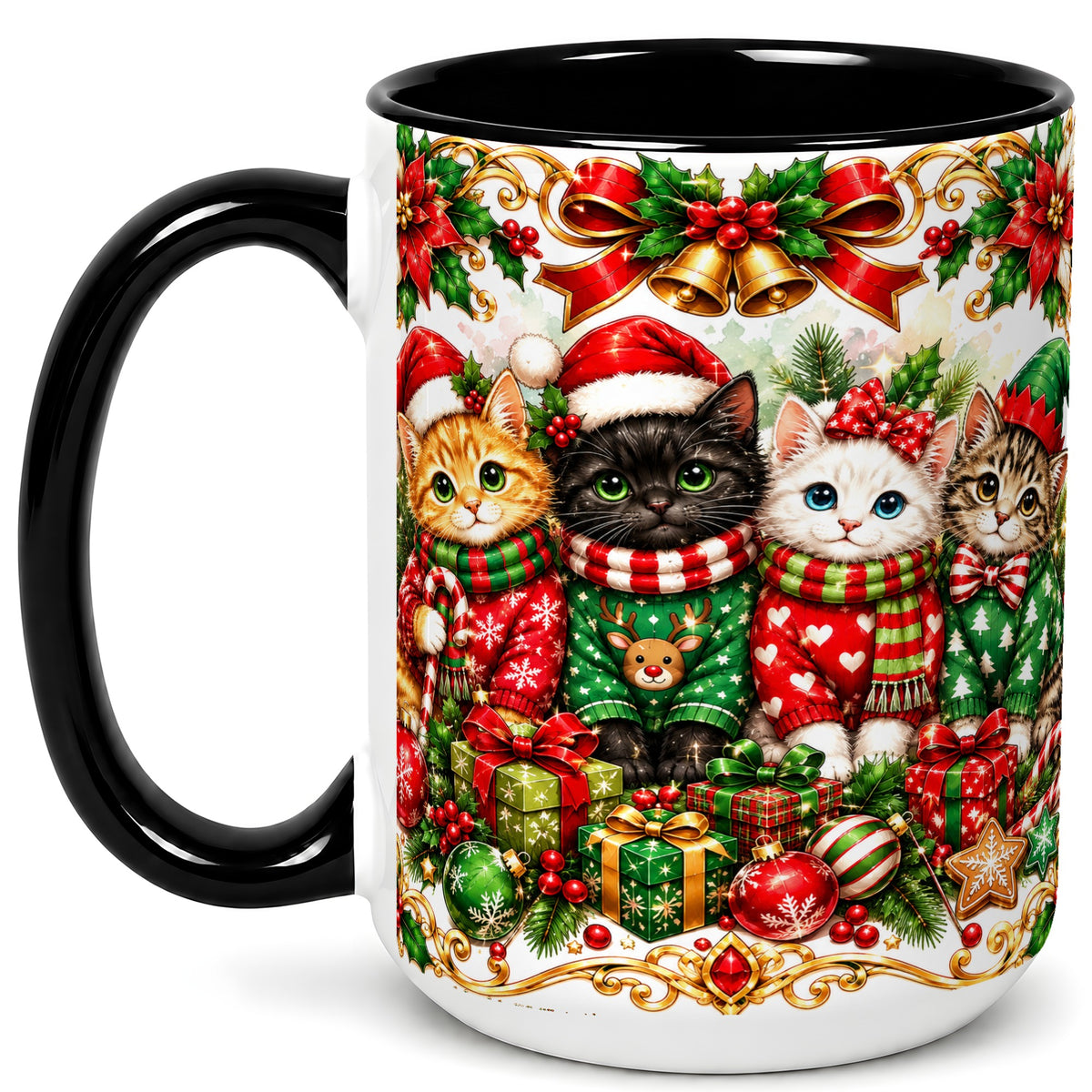 #pl[15oz|Black] Christmas Kittens Coffee Mug, Four Festive Cats Mug, Ceramic Cup