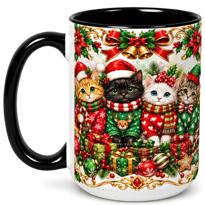 #pl[15oz|Black] Christmas Kittens Coffee Mug, Four Festive Cats Mug, Ceramic Cup