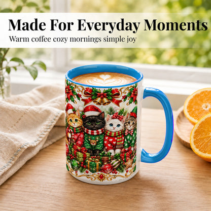#pl[15oz|Blue] Christmas Kittens Coffee Mug, Four Festive Cats Mug, Ceramic Cup