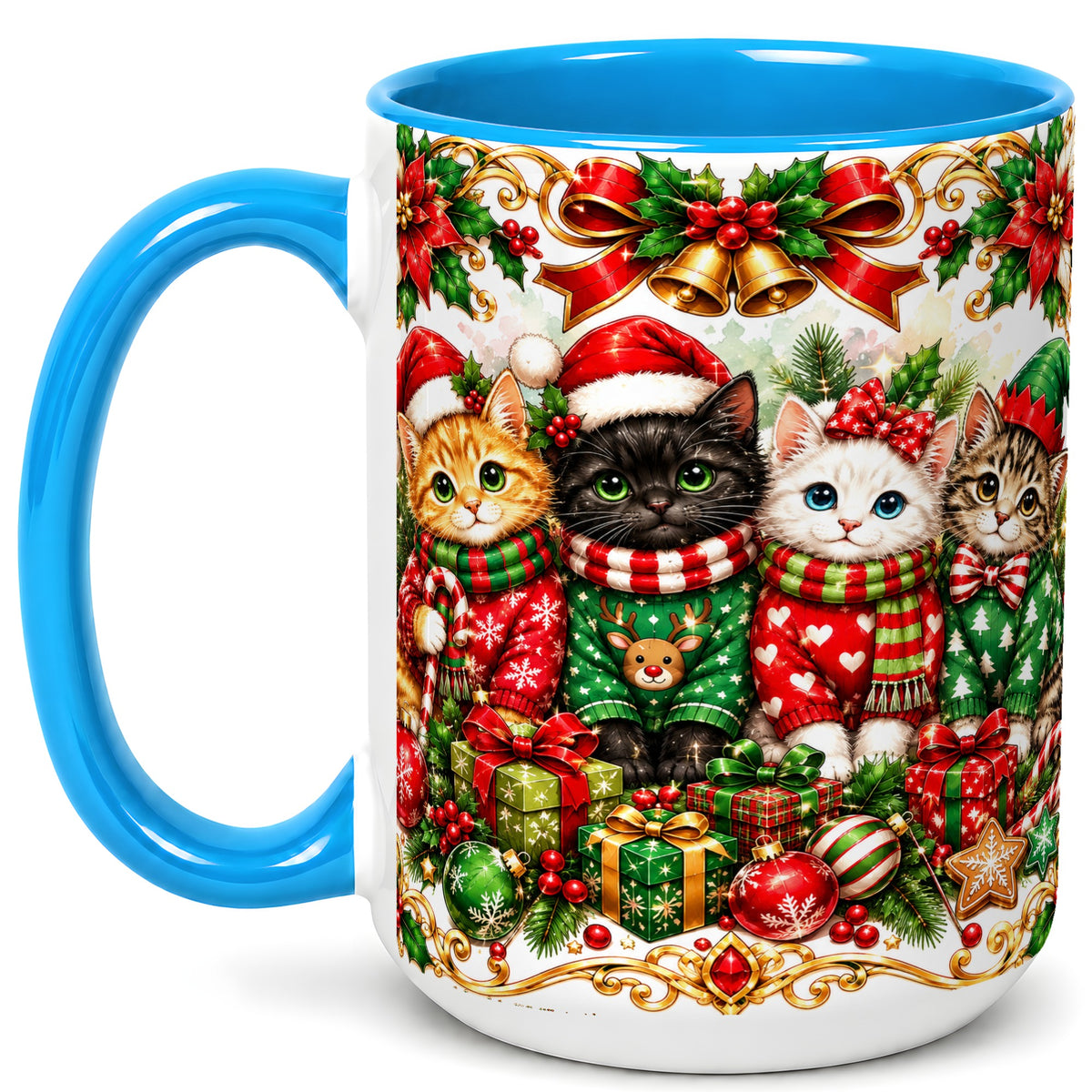 #pl[15oz|Blue] Christmas Kittens Coffee Mug, Four Festive Cats Mug, Ceramic Cup