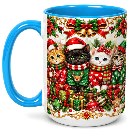 #pl[15oz|Blue] Christmas Kittens Coffee Mug, Four Festive Cats Mug, Ceramic Cup