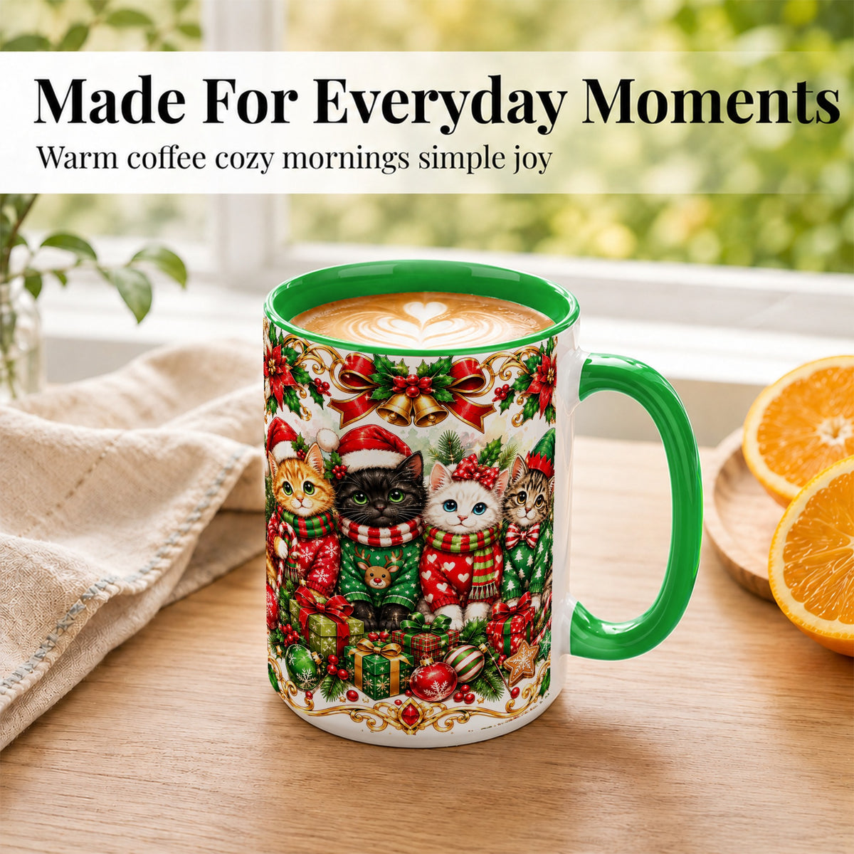 #pl[15oz|Green] Christmas Kittens Coffee Mug, Four Festive Cats Mug, Ceramic Cup