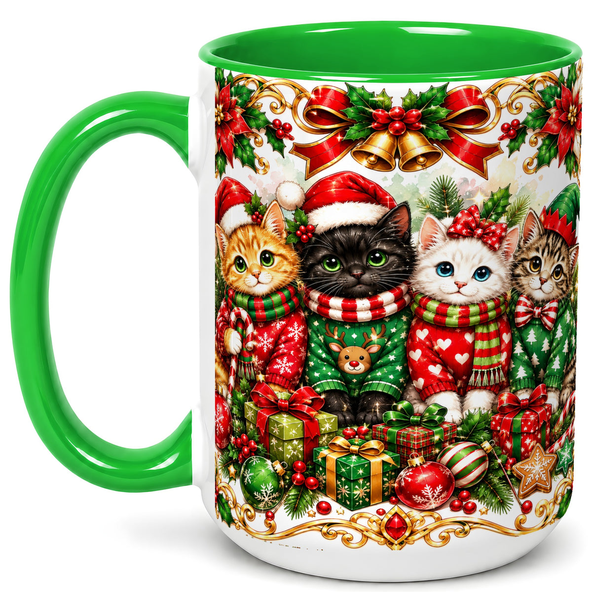 #pl[15oz|Green] Christmas Kittens Coffee Mug, Four Festive Cats Mug, Ceramic Cup