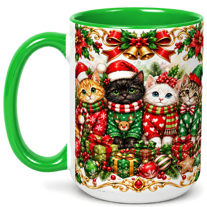 #pl[15oz|Green] Christmas Kittens Coffee Mug, Four Festive Cats Mug, Ceramic Cup