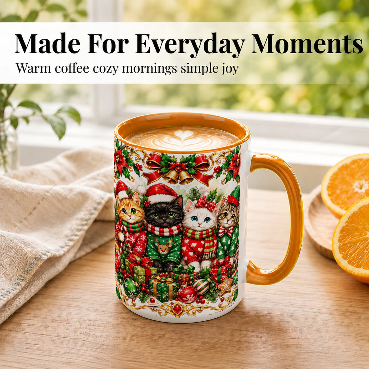 #pl[15oz|Orange] Christmas Kittens Coffee Mug, Four Festive Cats Mug, Ceramic Cup