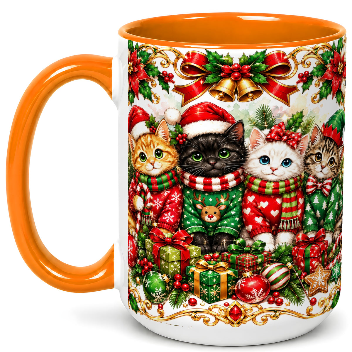 #pl[15oz|Orange] Christmas Kittens Coffee Mug, Four Festive Cats Mug, Ceramic Cup