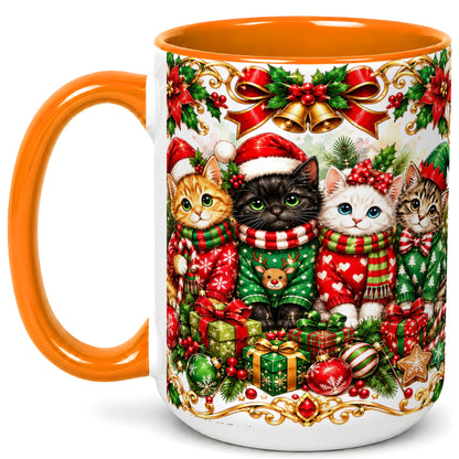 #pl[15oz|Orange] Christmas Kittens Coffee Mug, Four Festive Cats Mug, Ceramic Cup
