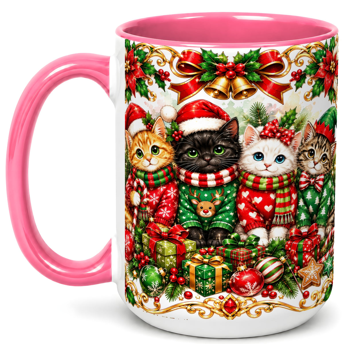 #pl[15oz|Pink] Christmas Kittens Coffee Mug, Four Festive Cats Mug, Ceramic Cup