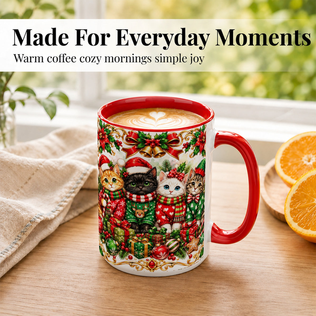 #pl[15oz|Red] Christmas Kittens Coffee Mug, Four Festive Cats Mug, Ceramic Cup