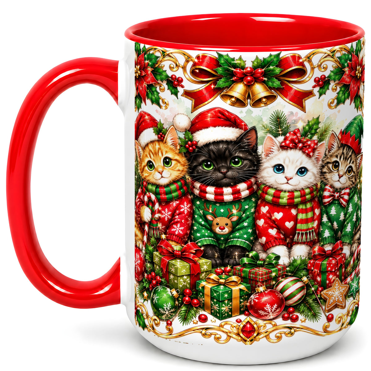 #pl[15oz|Red] Christmas Kittens Coffee Mug, Four Festive Cats Mug, Ceramic Cup