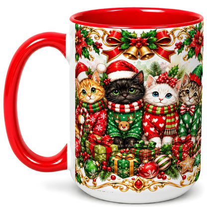 #pl[15oz|Red] Christmas Kittens Coffee Mug, Four Festive Cats Mug, Ceramic Cup