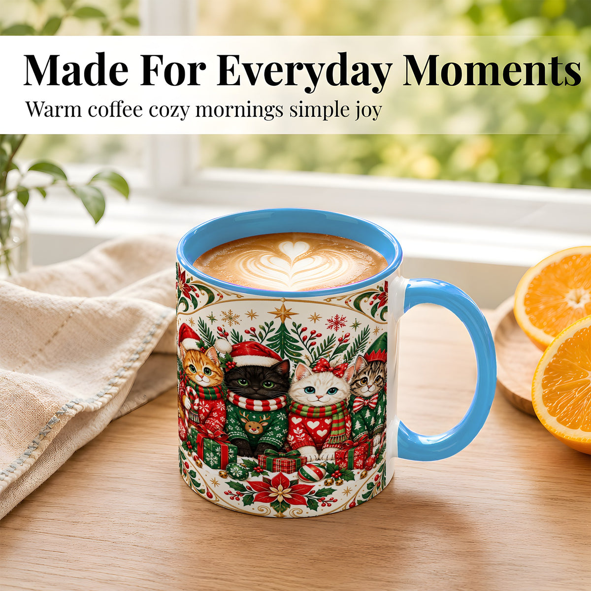 #pl[11oz|Blue] Christmas Cat Family Coffee Mug, Four Holiday Kittens Mug, Ceramic Cup