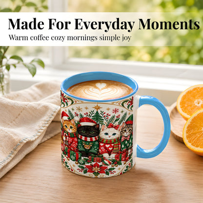 #pl[11oz|Blue] Christmas Cat Family Coffee Mug, Four Holiday Kittens Mug, Ceramic Cup