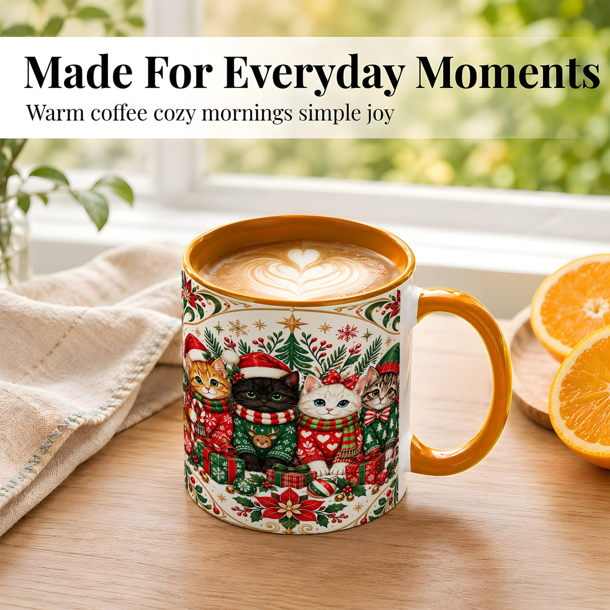 #pl[11oz|Orange] Christmas Cat Family Coffee Mug, Four Holiday Kittens Mug, Ceramic Cup