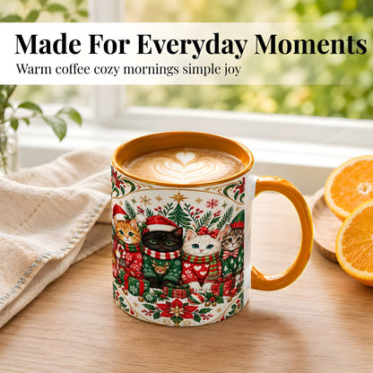 #pl[11oz|Orange] Christmas Cat Family Coffee Mug, Four Holiday Kittens Mug, Ceramic Cup