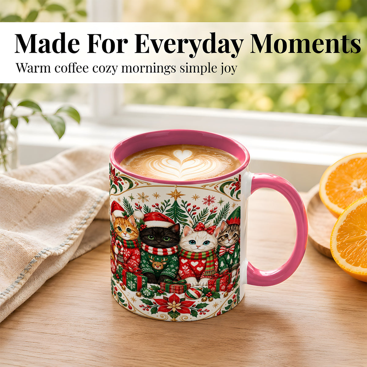 #pl[11oz|Pink] Christmas Cat Family Coffee Mug, Four Holiday Kittens Mug, Ceramic Cup