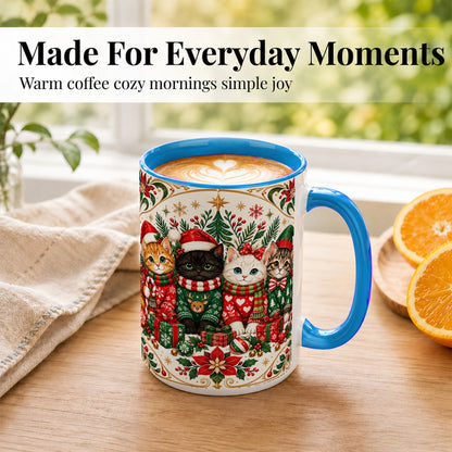 #pl[15oz|Blue] Christmas Cat Family Coffee Mug, Four Holiday Kittens Mug, Ceramic Cup
