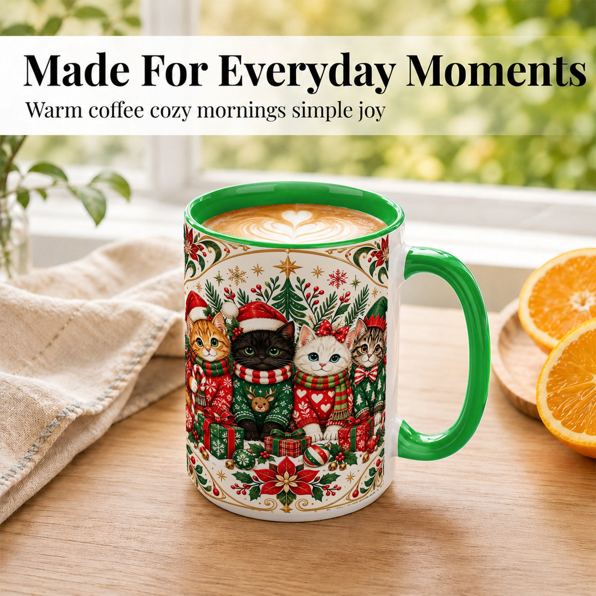 #pl[15oz|Green] Christmas Cat Family Coffee Mug, Four Holiday Kittens Mug, Ceramic Cup