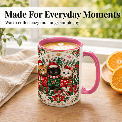 #pl[15oz|Pink] Christmas Cat Family Coffee Mug, Four Holiday Kittens Mug, Ceramic Cup