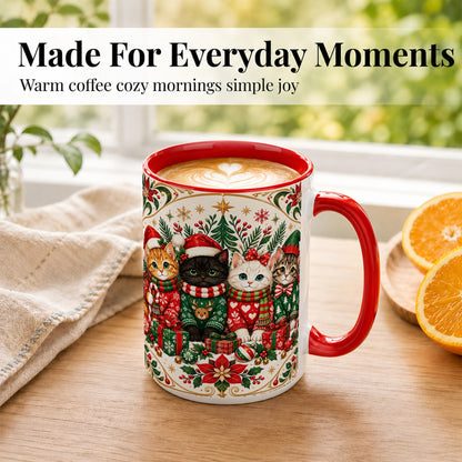 #pl[15oz|Red] Christmas Cat Family Coffee Mug, Four Holiday Kittens Mug, Ceramic Cup