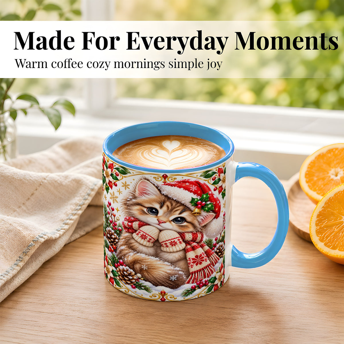 #pl[11oz|Blue] Christmas Kitten Coffee Mug, Cute Winter Cat Mug, Ceramic Cup