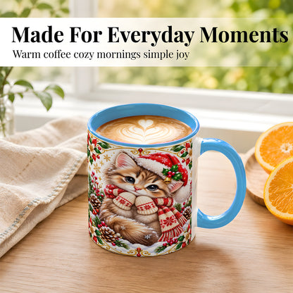 #pl[11oz|Blue] Christmas Kitten Coffee Mug, Cute Winter Cat Mug, Ceramic Cup