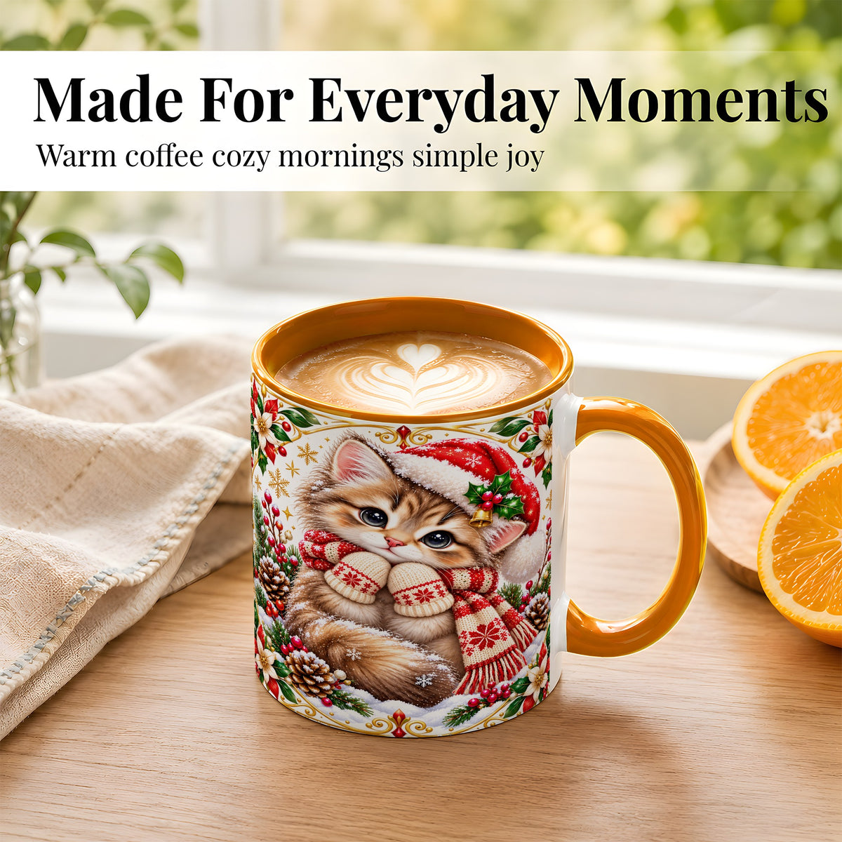 #pl[11oz|Orange] Christmas Kitten Coffee Mug, Cute Winter Cat Mug, Ceramic Cup
