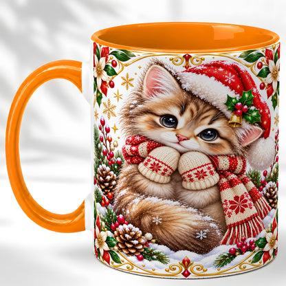 #pl[11oz|Orange] Christmas Kitten Coffee Mug, Cute Winter Cat Mug, Ceramic Cup