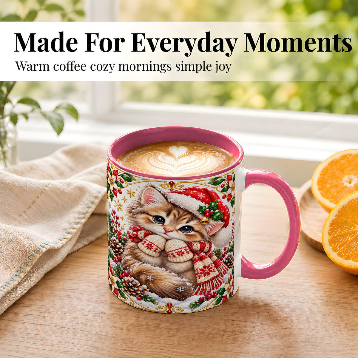 #pl[11oz|Pink] Christmas Kitten Coffee Mug, Cute Winter Cat Mug, Ceramic Cup