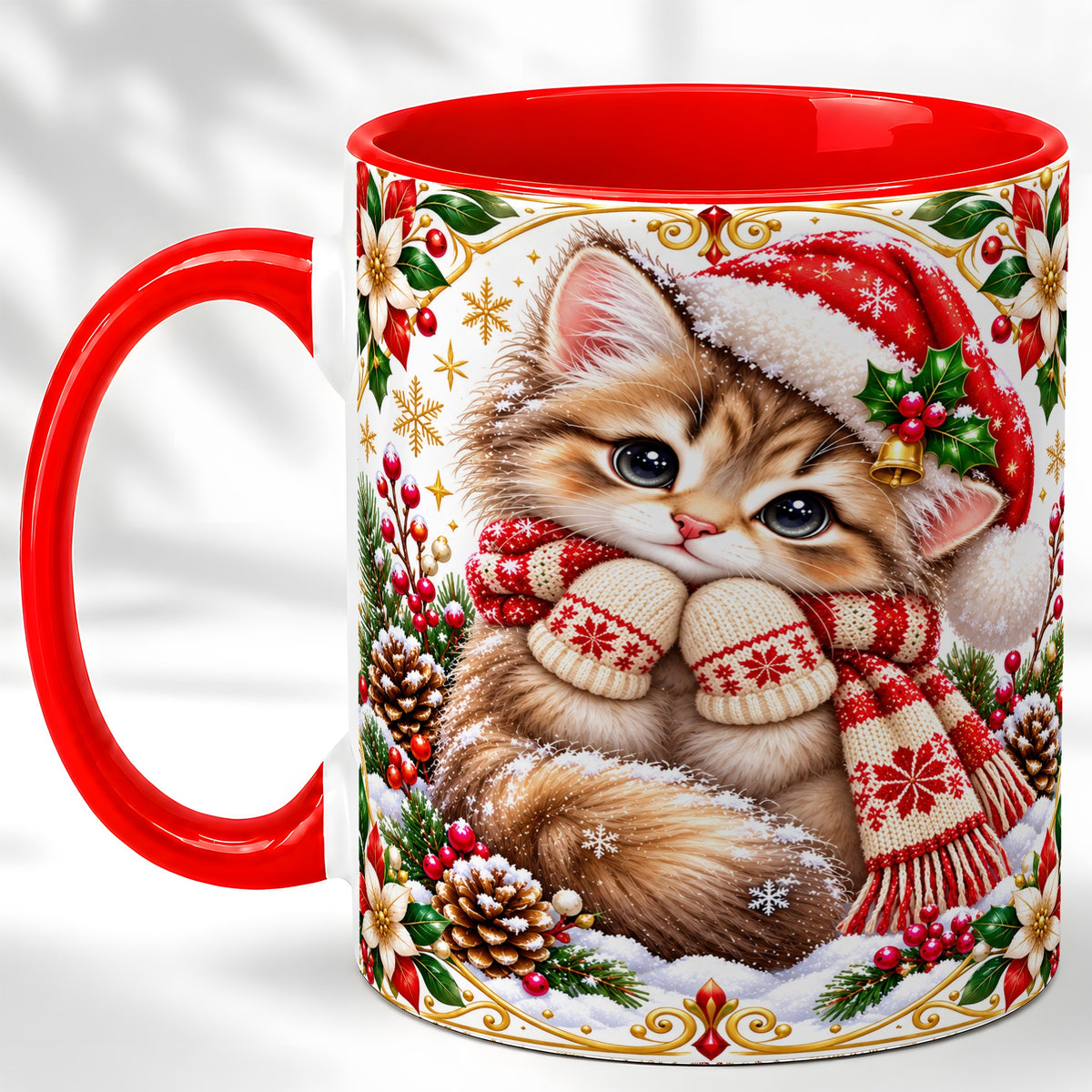 Christmas Kitten Coffee Mug, Cute Winter Cat Mug, Ceramic Cup