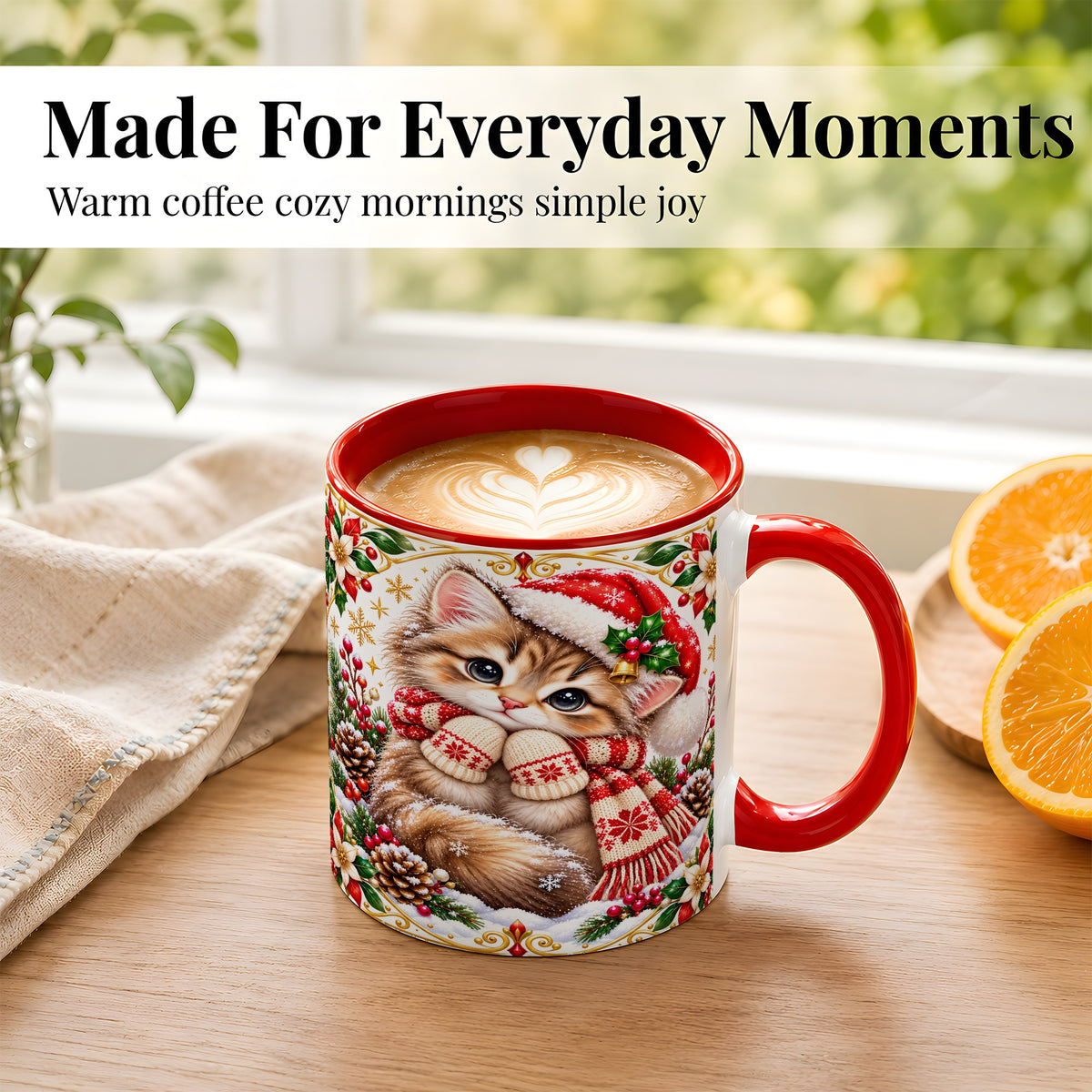 #pl[11oz|Red] Christmas Kitten Coffee Mug, Cute Winter Cat Mug, Ceramic Cup