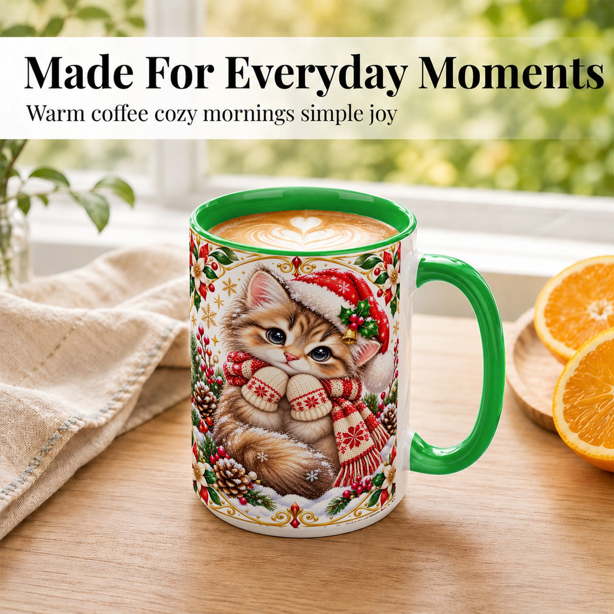 #pl[15oz|Green] Christmas Kitten Coffee Mug, Cute Winter Cat Mug, Ceramic Cup