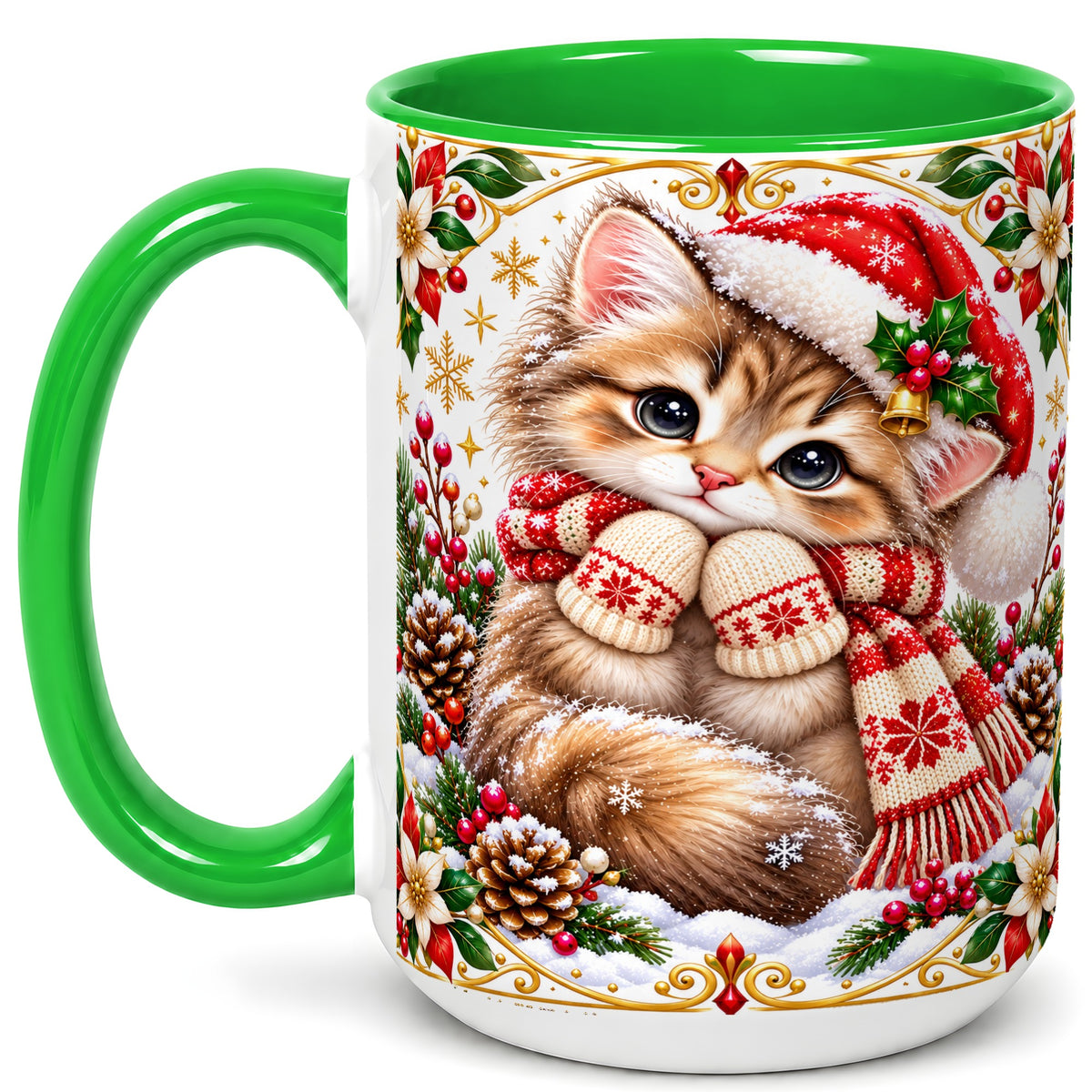 #pl[15oz|Green] Christmas Kitten Coffee Mug, Cute Winter Cat Mug, Ceramic Cup