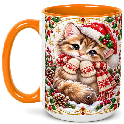 #pl[15oz|Orange] Christmas Kitten Coffee Mug, Cute Winter Cat Mug, Ceramic Cup