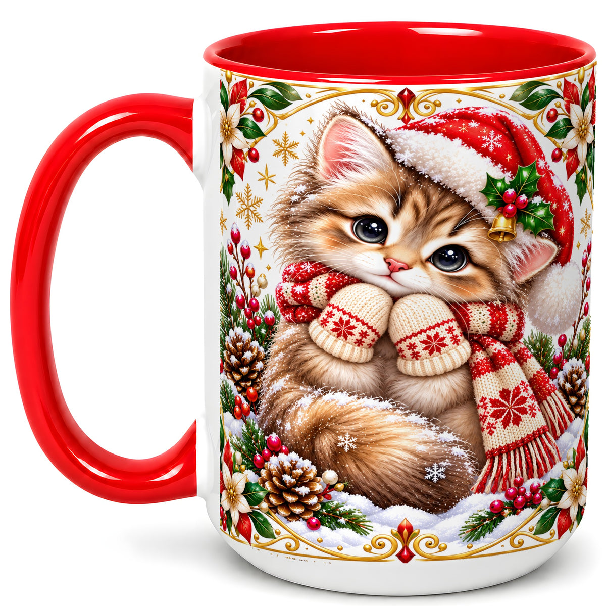 #pl[15oz|Red] Christmas Kitten Coffee Mug, Cute Winter Cat Mug, Ceramic Cup
