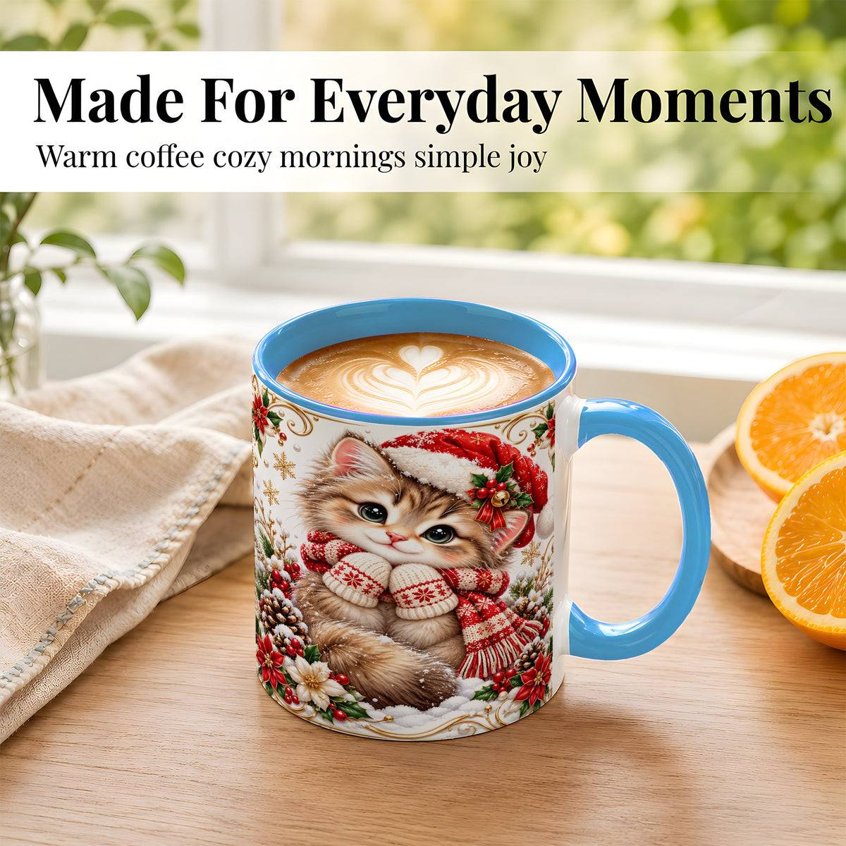 #pl[11oz|Blue] Santa Hat Kitten Coffee Mug, Christmas Cat Mug, Ceramic Cup