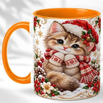 #pl[11oz|Orange] Santa Hat Kitten Coffee Mug, Christmas Cat Mug, Ceramic Cup