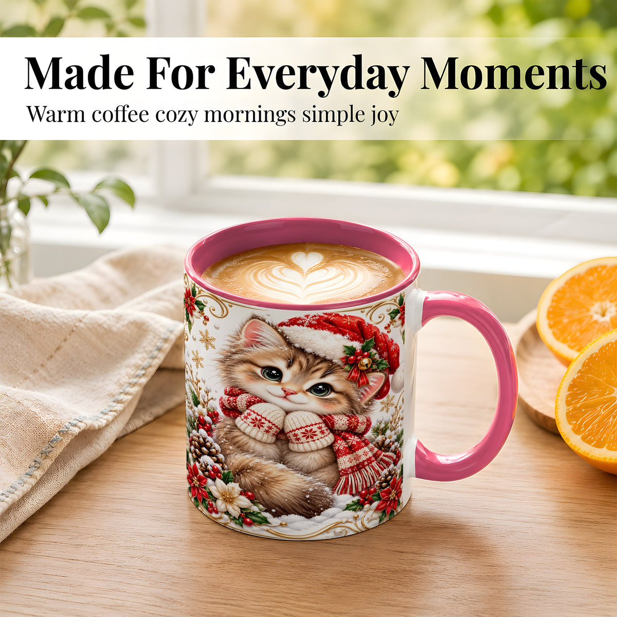 #pl[11oz|Pink] Santa Hat Kitten Coffee Mug, Christmas Cat Mug, Ceramic Cup
