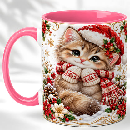 #pl[11oz|Pink] Santa Hat Kitten Coffee Mug, Christmas Cat Mug, Ceramic Cup