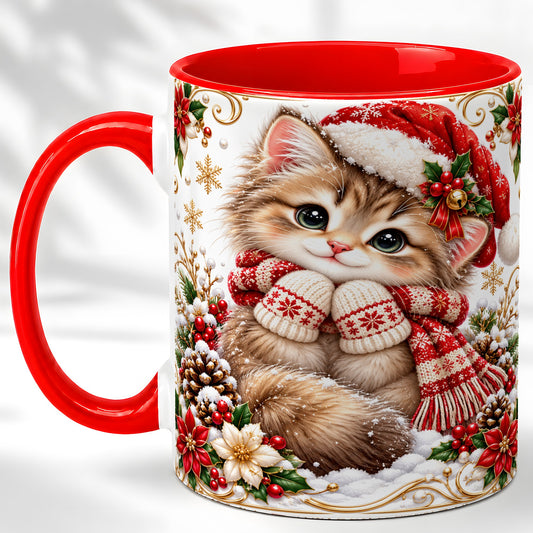 Santa Hat Kitten Coffee Mug, Christmas Cat Mug, Ceramic Cup