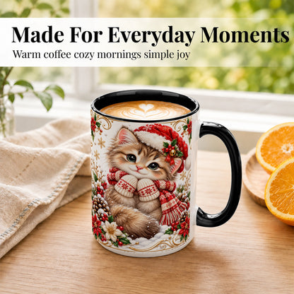 #pl[15oz|Black] Santa Hat Kitten Coffee Mug, Christmas Cat Mug, Ceramic Cup
