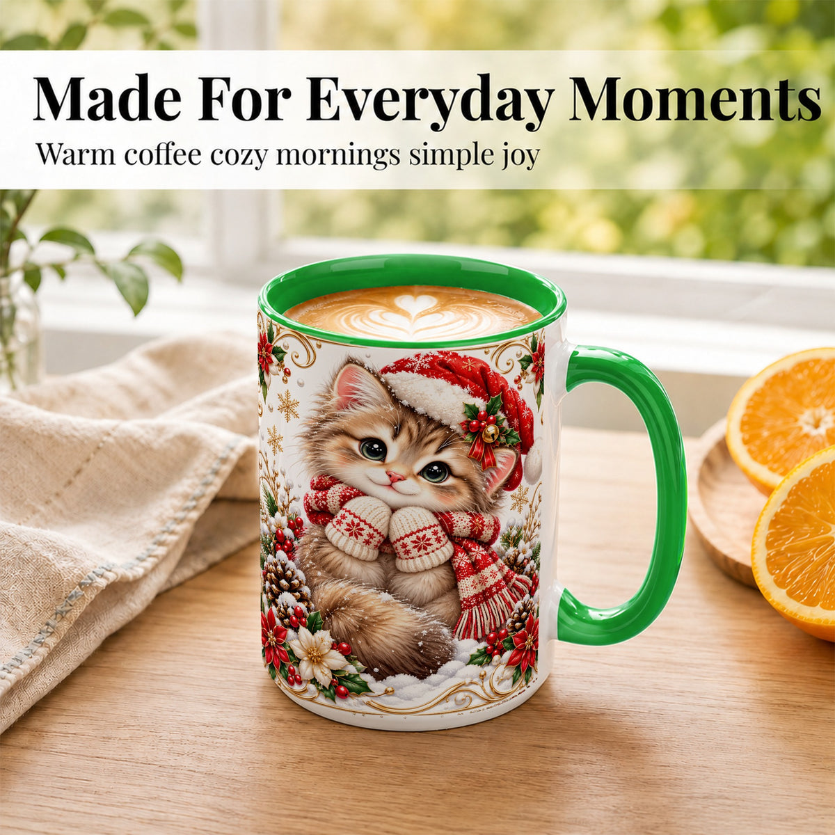 #pl[15oz|Green] Santa Hat Kitten Coffee Mug, Christmas Cat Mug, Ceramic Cup