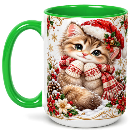 #pl[15oz|Green] Santa Hat Kitten Coffee Mug, Christmas Cat Mug, Ceramic Cup