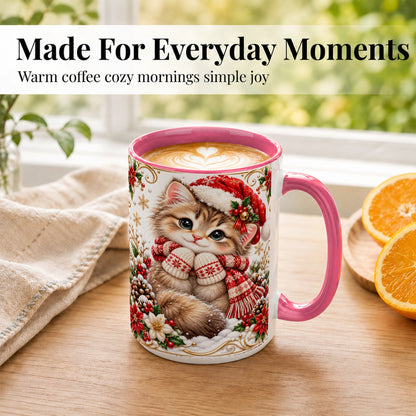 #pl[15oz|Pink] Santa Hat Kitten Coffee Mug, Christmas Cat Mug, Ceramic Cup